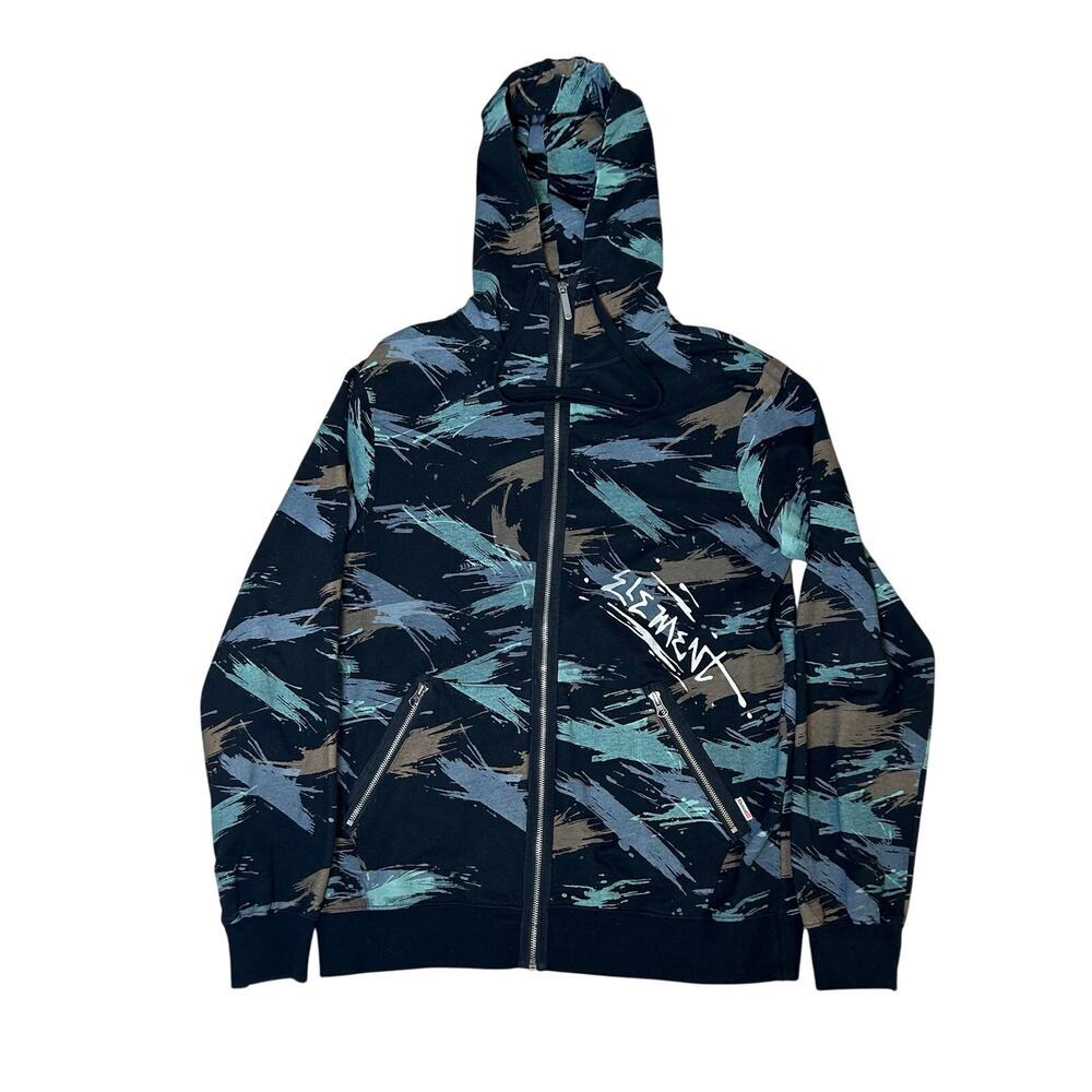 Element Y2K men's black tiger stripe brushstroke full zip cotton hoodie size M